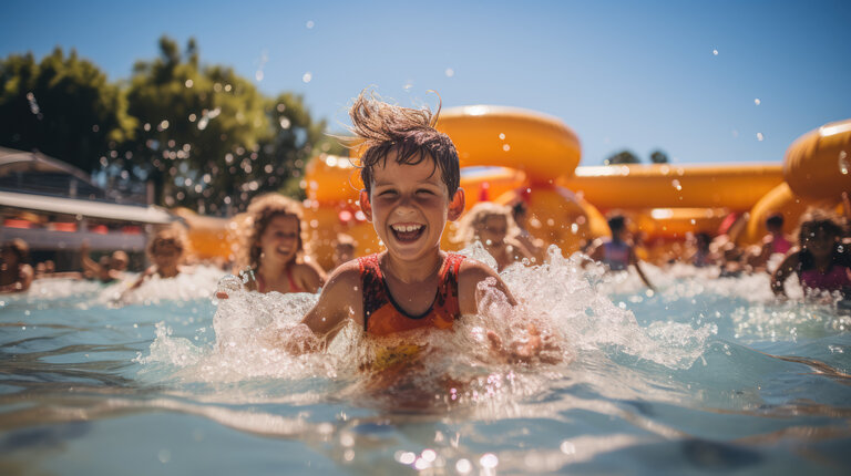 Abenteuer im Swimmingpool. Weitwinkelfoto eines Kindes, das in einem Pool schwimmt.