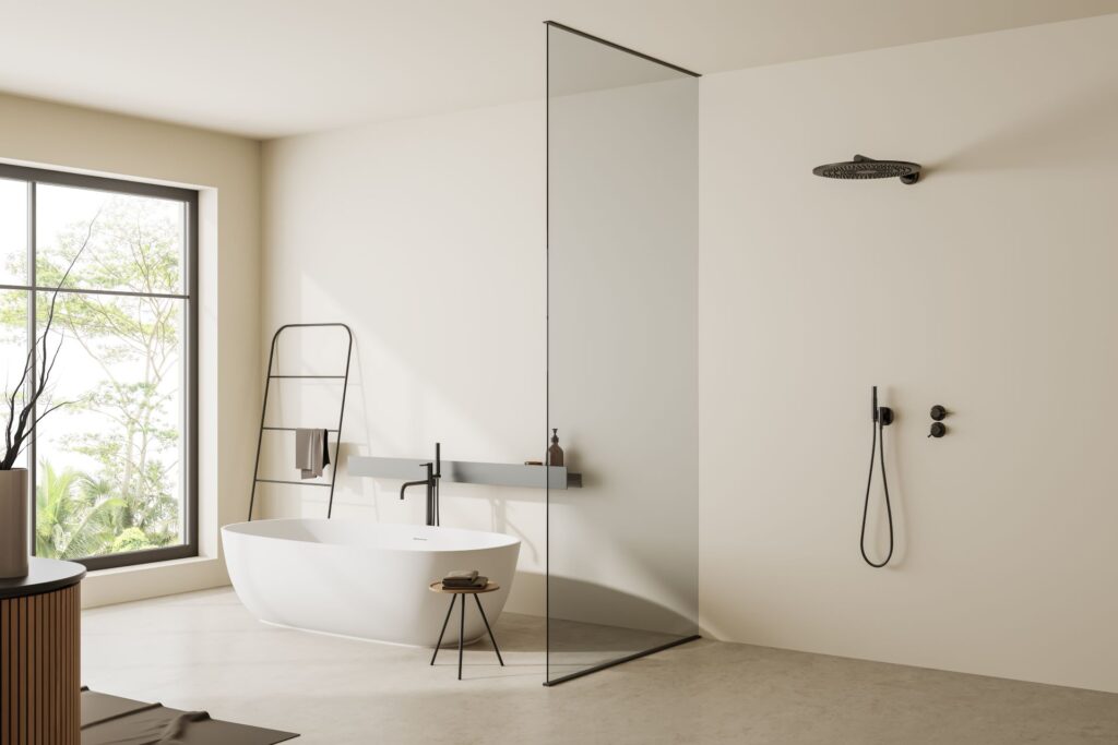 Moderne Duscharmatur mit Chromoberfläche und minimalistischem Design. Die Armatur verfügt über einen einhebeligen Mischer und einen Rainshower-Duschkopf.