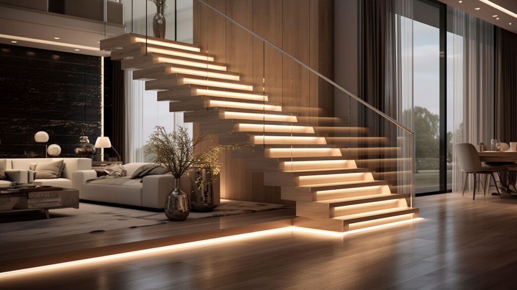 Eine einladende Treppe aus hellem Eschenholz mit eleganten Glasgeländern und dezenter LED-Beleuchtung unter den Handläufen, die die Eleganz einer schicken Residenz unterstreicht.