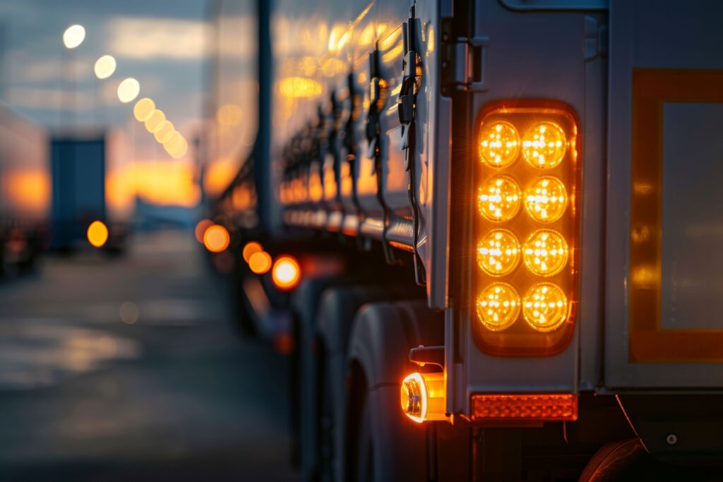 Anhänger Beleuchtung mit aktiven LED-Rückleuchten bei Dämmerung auf einem LKW-Anhänger