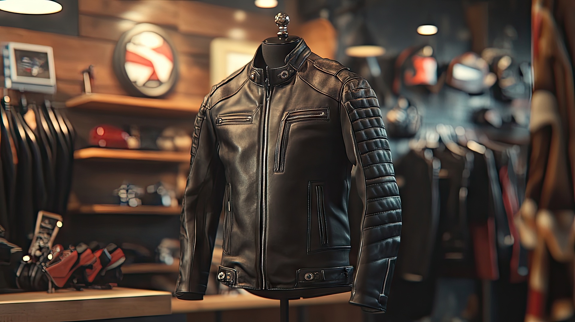 Lederjacke in Motorradgeschäft aufgestellt | Alpinestars

