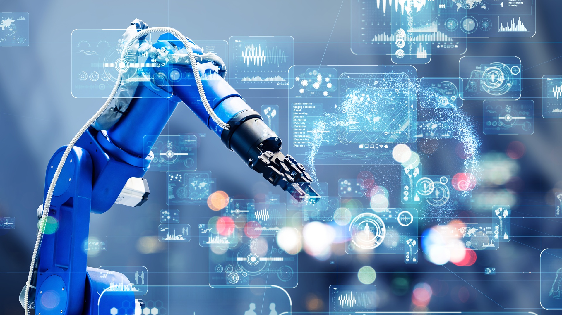 Blauer Roboterarm mit digitalen Interfaces | Roboter Unternehmen

