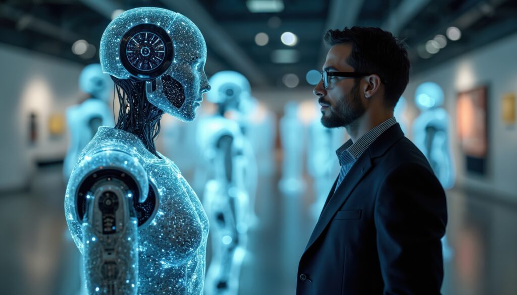 Businessmann vor humanoider Maschine | Roboter Unternehmen
