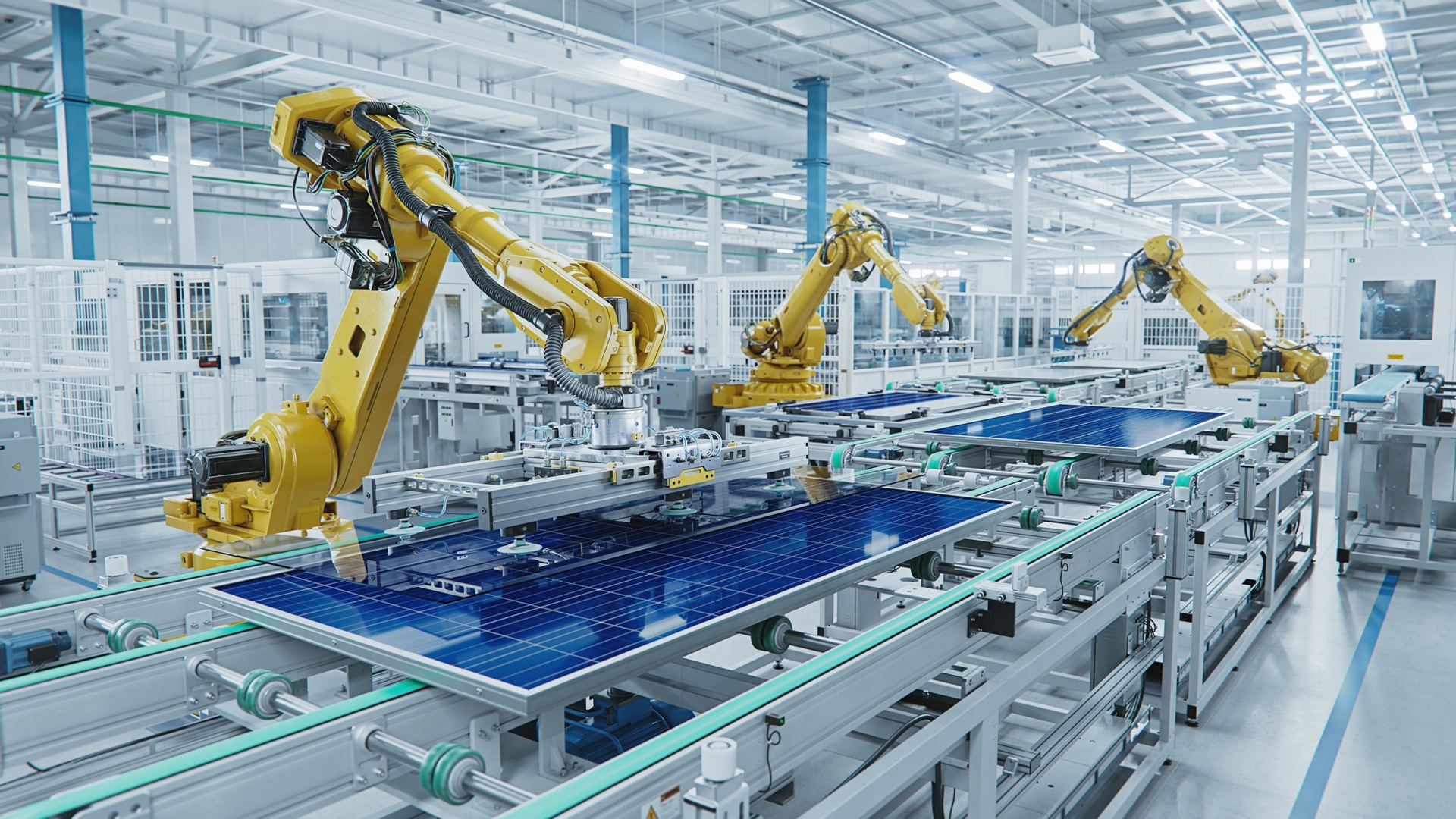 Montagelinie mit Roboterarmen in Fabrik | Roboter Unternehmen

