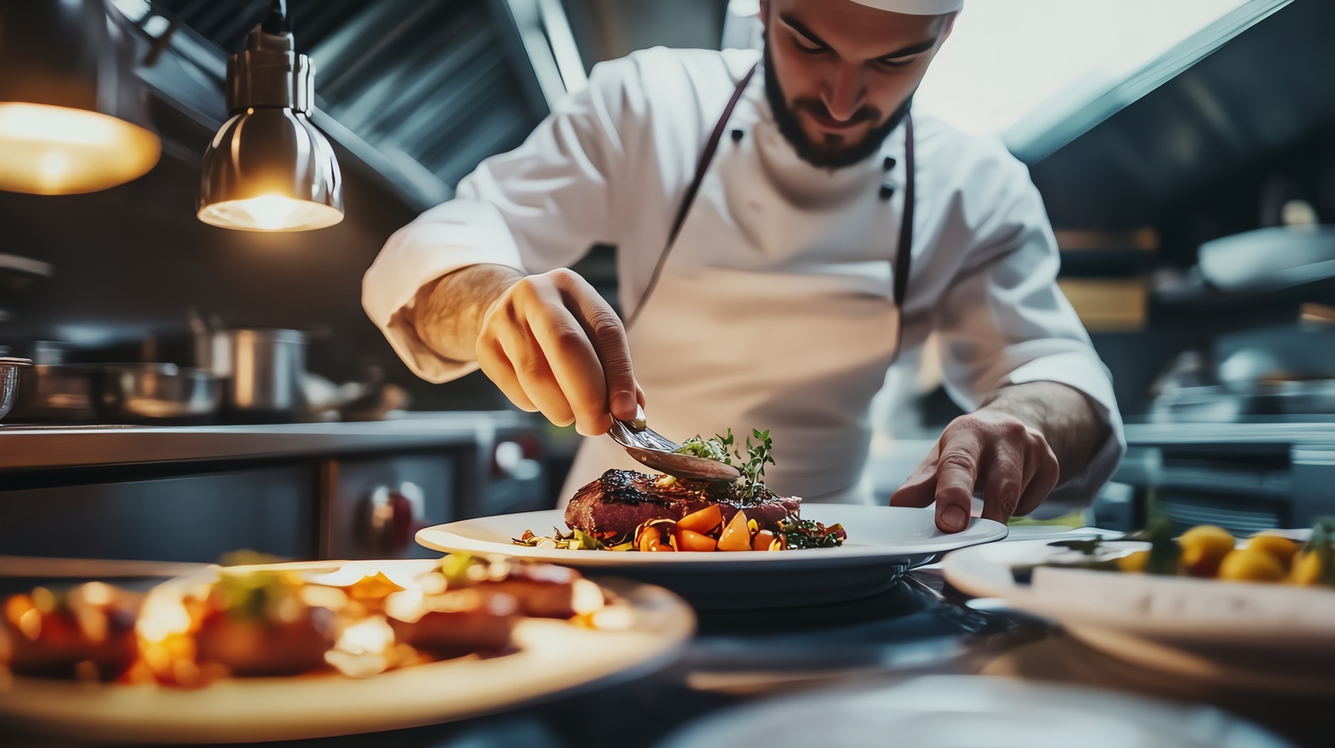 Koch richtet Gourmetteller an | Hähnchengrill