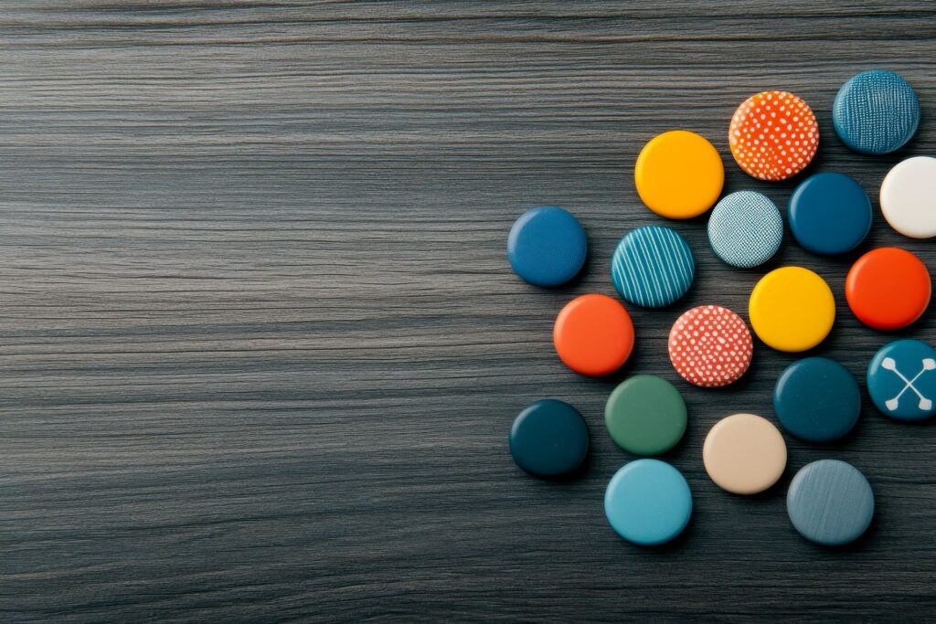 Mehrfarbige Buttons liegen dekorativ auf einem dunklen Holztisch, als Symbol für vielfältige Designmöglichkeiten beim Buttons bestellen
