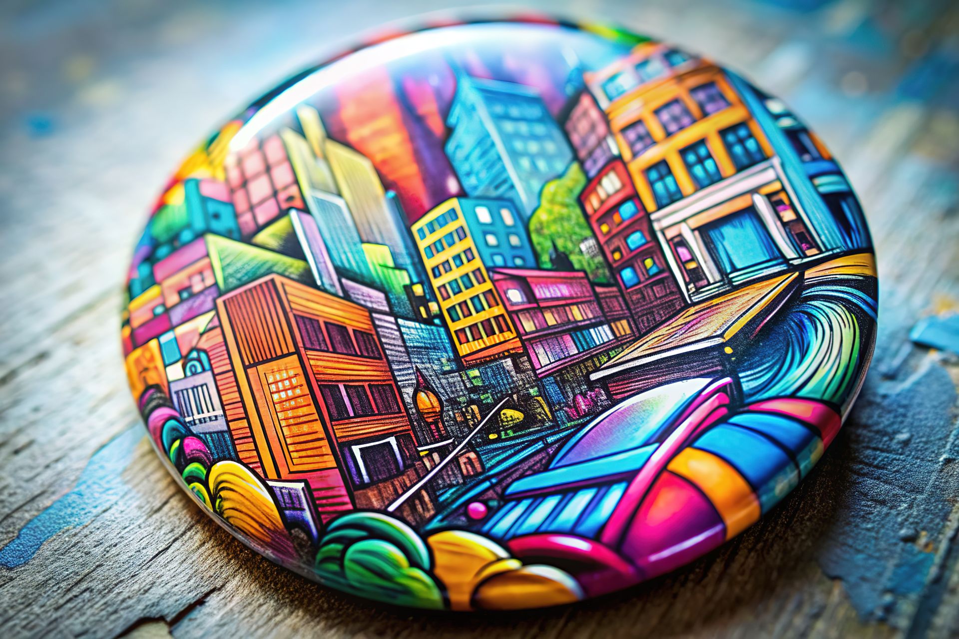 Detailaufnahme eines farbenfrohen Buttons mit Stadtillustration, der kreative Gestaltungsmöglichkeiten beim Buttons bestellen zeigt