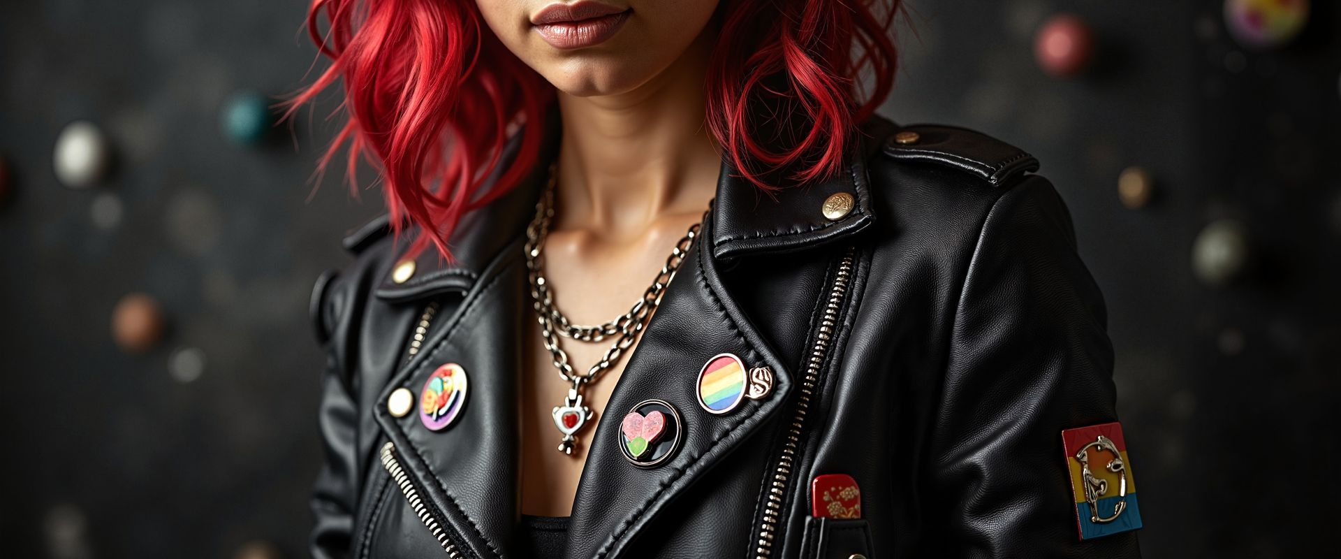 Person trägt schwarze Lederjacke mit auffälligen Buttons in verschiedenen Designs, als modisches Statement beim Buttons bestellen